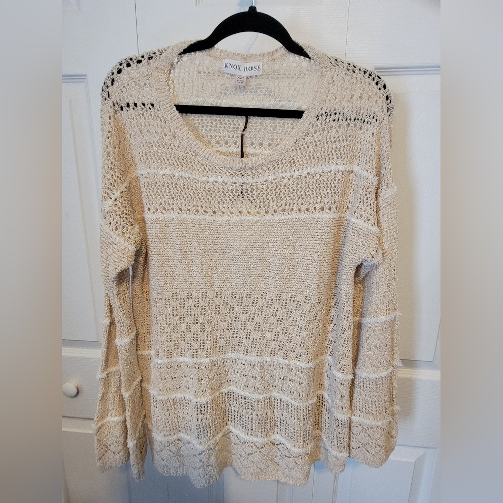 NWT Women's KNOX ROSE TAUPE Long sleeve crew neck OPEN KNIT Sweater, Size XXL